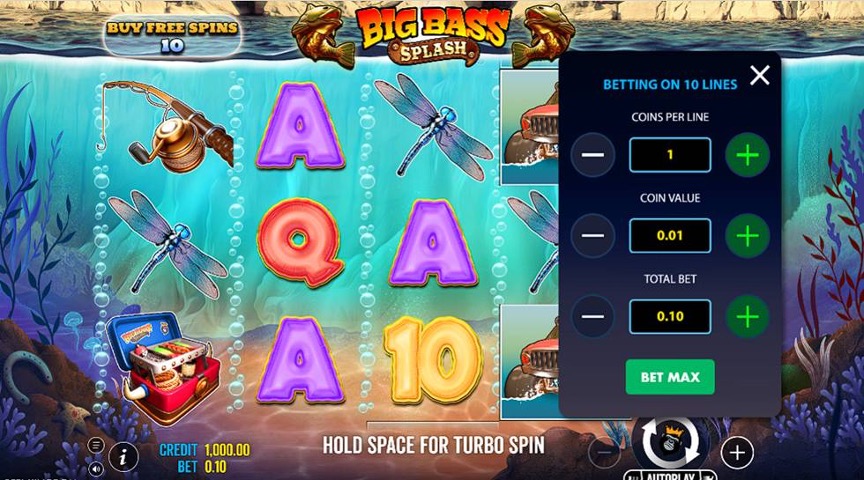 Big Bass Splash betting menu showing coin value, coins per line and total bet options.