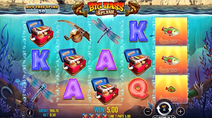 Big Bass Splash slot showing a winning spin with fish symbols and a 5.00 payout.