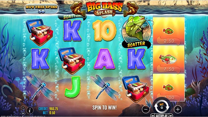 Big Bass Splash gameplay showing the fisherman scatter symbol and fish prize symbols.