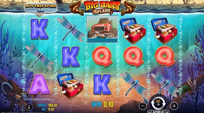 Big Bass Splash base game showing fishing-themed symbols across the 5-reel slot.
