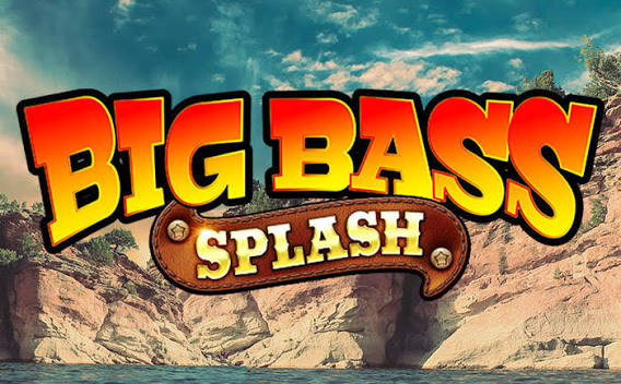 Big Bass Splash game logo displayed over a scenic rocky river landscape beneath a blue sky.