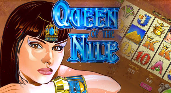 Queen of the Nile casino game artwork featuring an Egyptian-themed woman wearing gold and blue jewellery beside the game logo.