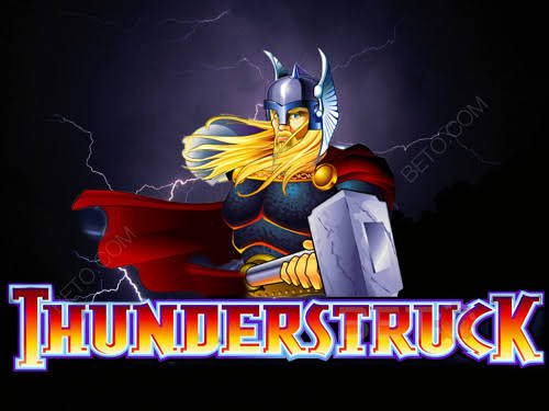 Thunderstruck casino game artwork featuring the Norse god Thor holding a hammer against a stormy lightning-filled background.